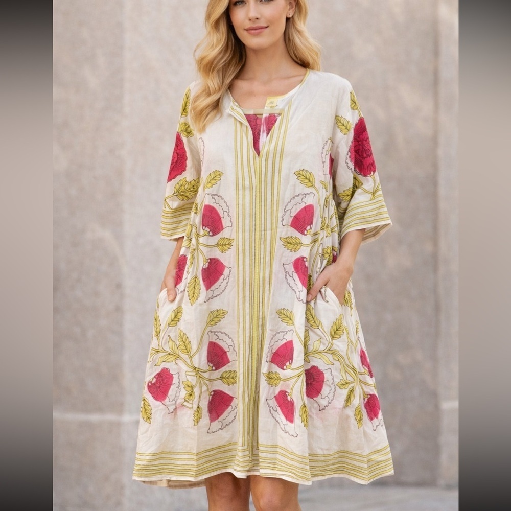 New! Roller Rabbit vidya dress padma rose Pink Green Floral Dress 2309